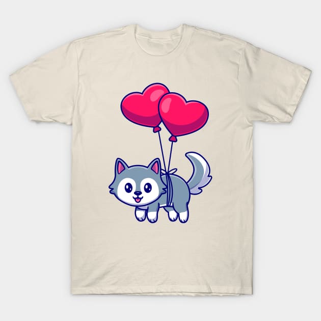 Cute Husky Dog Floating With Heart Balloons T-Shirt by Catalyst Labs